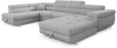 SOFILAND Cordo U XXL Wohnlandschaft mit Schlaffunktion und 2 Bettkästen - Breitcord Tilia - U-Form Sofa (Hellgrau, Linke Seite)