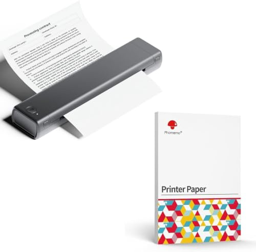 Phomemo M08F Tragbarer Drucker Grau mit 200 Blatt Schnell Trocknendem A4 Thermopapier, kabelloser Bluetooth-Mobildrucker für Reisen, Auto, Büro & Zuhause, Tintenloser Druck