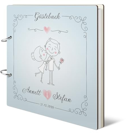 Hochzeit Gästebuch Holzcover 215 x 215 mm 144 Naturpapier Innenseiten personalisiert - Küssendes Paar