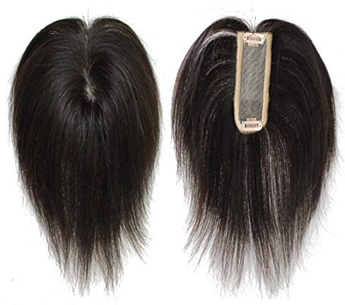 Corona di capelli umani con base in seta, 4,1 x 10,9 cm, con clip per attaccatura dei capelli bianca e sfoltire