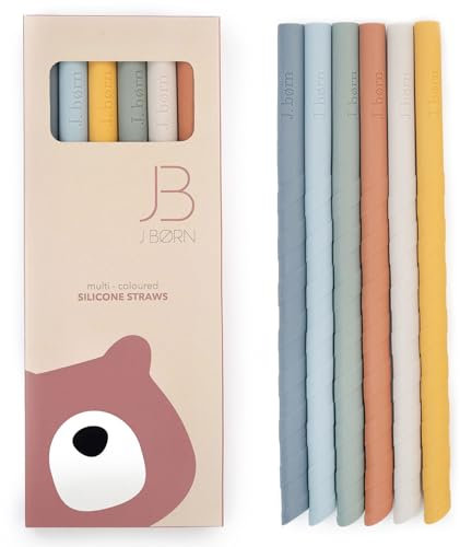 J. Børn, Trinkhalme aus Silikon, 6 St Strohhalme Silikon BPA-frei, Trinkhalm Set mit Strohhalm Reinigungsbürste und Tasche, Strohhalme Wiederverwendbar Bunt & mit 22cm Länge (Blau)