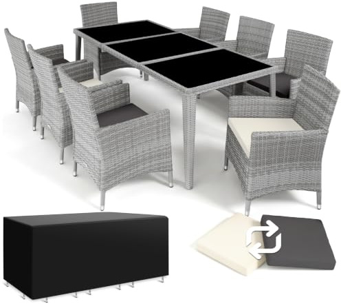 tectake Aluminium Poly Rattan Gartenmöbel Set 8 Stühle mit Tisch mit Glasplatten, inkl. 2 Bezugssets und Schutzhülle, wetterfeste Balkon Möbel - hellgrau