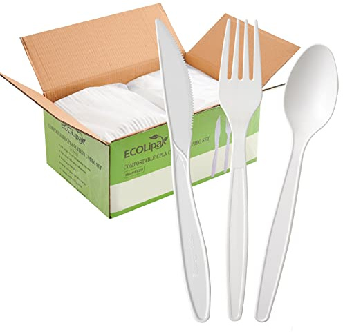 ECOLipak 350 Pcs Compostable Cutlery Set, 7 Inch Large Size Biodegradable Disposable Silverware Set 150 Forks 100 Spoons 100 Knives, Heavy Duty Bio based CPLA Utensils for Party, BBQ, Picnic