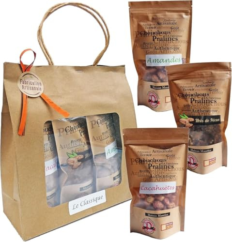 Pralines à l’Ancienne - Coffret Cadeau Pralines « Classiques » - Chouchous Friandise Artisanale- Amandes, Noix de Pécan, Cacahuètes - 3 Sachets Encas Apéritif -430 gr- Fabriquées en France