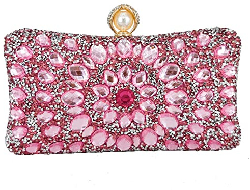 Boutique De FGG Mini bolso de mano de cristal con cierre de perla para mujer, bolsos de noche, bolso de mano de boda, bolso de mano de fiesta con diamantes de imitación, Rosa, Small