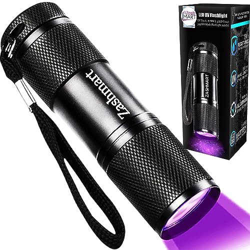 ZASHMART UV Torch, 87MM L 9 LED Flashlight, 395 NM Black Flashlight, Powerful UV Light Pets Urine Detector, 26MM Dia Ultraviolet Light for Resin Curing, 3AAA Batteries (Not Included).