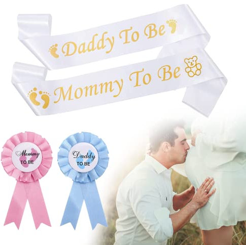 4 piezas de decoración para baby shower, juego de fajas e insignias para baby shower, faja de satén, futura mamá, futuro papá, decoración para la fiesta de bienvenida del bebé, fiesta de baby shower