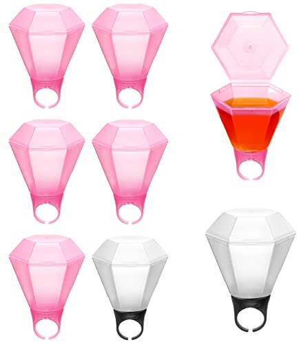Hungdao Plastic Diamond Ring Shot Glasses, 6 Pieces (Pink, Black & White), Reusable Party Favors for Weddings, Bridal Showers, Bachelorette Parties