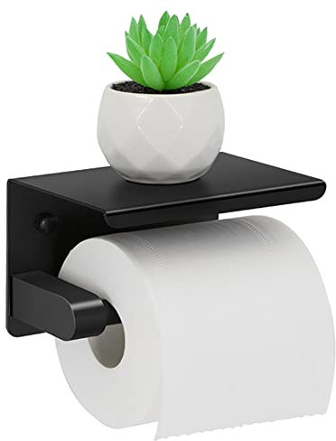 Fitrough Porte Papier Toilette avec Étagère Supérieure - Acier Inoxydable Support à Percer & Auto-Adhésif - Porte Rouleau Murale Noire pour Salle de Bains