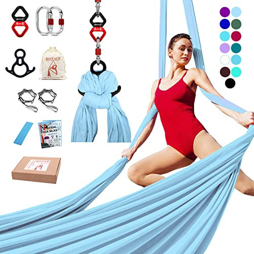 Aerial Silks Yoga Swing Set Equipment - 9 Yards Aerial Yoga Hammock kit, Low-stretch fabrics for Beginner Dance, Full Accessories (Light blue)