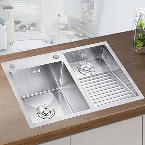 Vasca da Bagno per Lavanderia in Acciaio Inox, Lavabo con Lavatoio Facile da Pulire Doppio Lavello Lavanderia Piscina (Color : Left, S : 70x48cm)