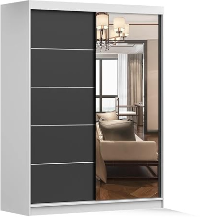 Fabryka Mebli Idźczak Kleiderschrank mit Spiegel, Schiebetüren - Schwebetürenschrank, Schlafzimmerschrank - ‎61 x 150 x 200 cm - Schrank für Schlafzimmer, Ankleidezimmer, Garderobe - Schwarz, Weiß