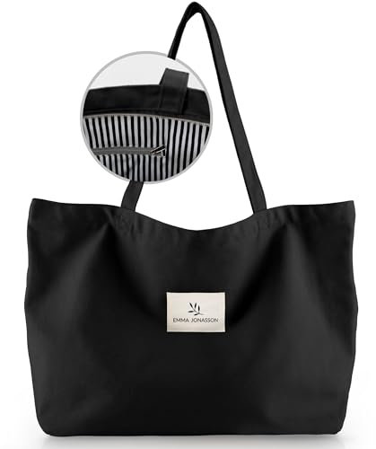 Emma Jonasson Shopper Tasche Damen groß - Tote bag mit Reißverschluss und Innentasche - Aesthetic Tasche - Strandtasche Damen-Shopper Reisetasche gross schwarz