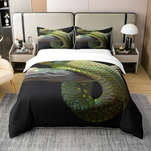 Castle Fairy 3D Snake 100% Cotton Duvet Cover Twin Green Coiled Snake Bedding Set Wild Reptile Animal Comforter Cover Jungle Wildlife Snake Bed Sets with 1 Pillowcase Soft(Not Comforter)