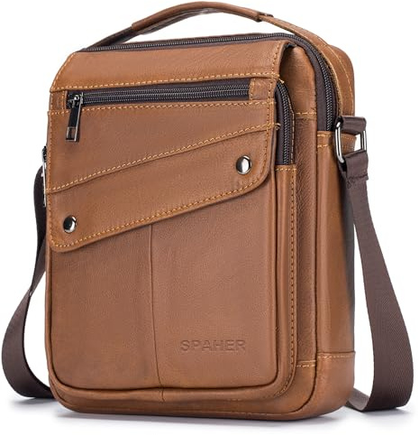 SPAHER Umhängetasche Leder Herren Herrentasche Schultertasche Echtes Leder Handgelenktasche Herren Wasserdichte Schultertasche Crossbody Bag Messenger Bags Geschenk für Männer Braun