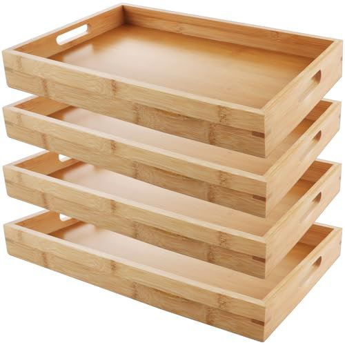 JMIATRY Wooden Tray Set of 4, 15x10x1.5 Rectangular Bamboo Trays with Handles, Breakfast Food Tray Nesting Tary for Eating, Serving Trays for Dinner Tea Dessert