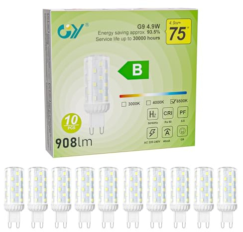 GY Large G9 LED Bulbs(66mm*23mm) 4.9W Cool White 6500K High Energy Efficient Light Bulbs,75W Equivalent,908 Lumen Non-Dimmable, for Home Lighting Decor,10 Pack(Not Suitable for Enclosed fixtures)