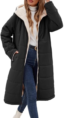Vancavoo Abrigo Largo de Invierno para Mujer Reversible Chaqueta Acolchada con Capucha Cálido Gruesa Elegantes Abrigo de cordero con Forro Polar para Exteriores(Negro,L)