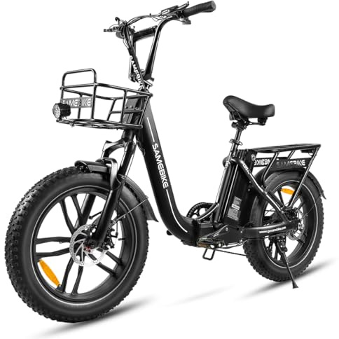 SAMEBIKE Electric Bike, Folding Adult Electric Mountain Bike, 36V 13AH Removable Battery, 7 Speed Gears, 20 *4.0 Fat Tire, Suspension Fork,with Rugged Front Basket and Rear Bracket,Quick Delivery
