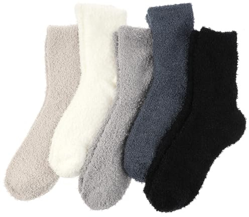 Abeillo Womens Fuzzy Socks Winter Warm Fluffy Socks Cozy Slipper Socks, 5Pairs Colorful Cute Microfiber Soft Home Sleeping Socks, Winter Plush Crew Socks for Women Size 4-8