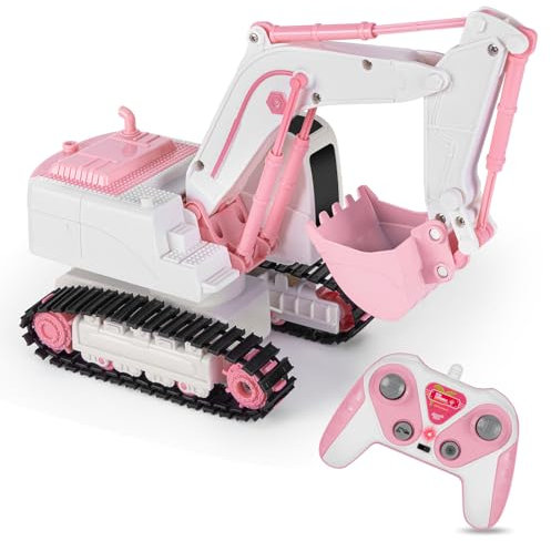 Highttoy Ferngesteuerter Bagger Mädchen, 6 Kanal RC Bagger für Kinder Bagger Traktor Spielzeug ab 3 4 5 6 7 8 Jahre Mädchen Geschenk 2.4GHz 1:24 Bagger Ferngesteuert mit Lichtern und Ton, Rosa