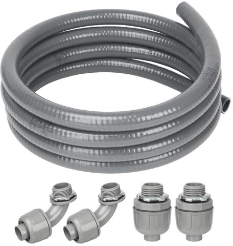 HOXHA 1/2 Inch 10 Ft Electrical Conduit Kit AC Whip Kit Flexible PVC Non Metallic Liquid Tight Conduit, Electrical Wire Conduit Pipe with Straight and 90-Degree Conduit Connector Fittings