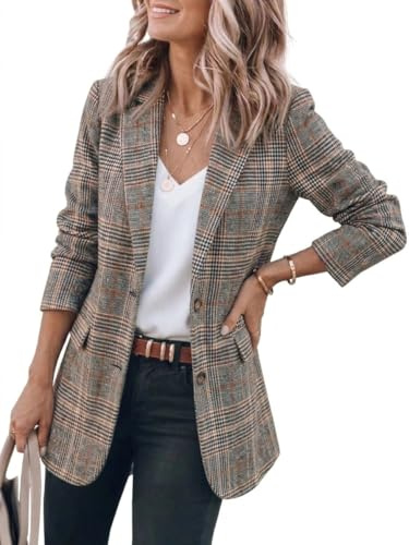 IDEALSANXUN Tweed Blazers for Women 2026 Fall Winter Long Oversized Plaid Houndstooth Blazers Casual Dressy Business Work Suit Jackets, Brown, L