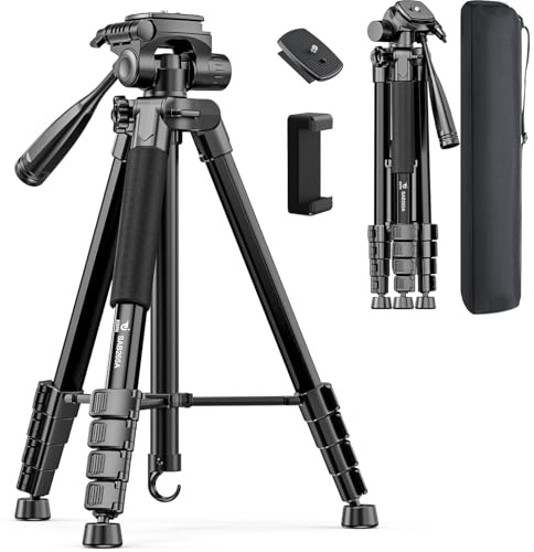 73 Camera Tripod for Camera and Phone, Aluminum Travel Tripod for iPhone, DSLR Tripod with Phone Holder, Quick Release Plate, Travel Bag, Compatible with GoPro Camcorder, 8.8 lbs Load