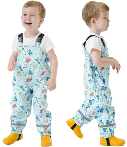 Fewlby Toddlers Waterproof Rain Bib Pants, Boys Rain Pants Kids Cartoon Rain Trousers Lightweight Mud Pants Rainwear