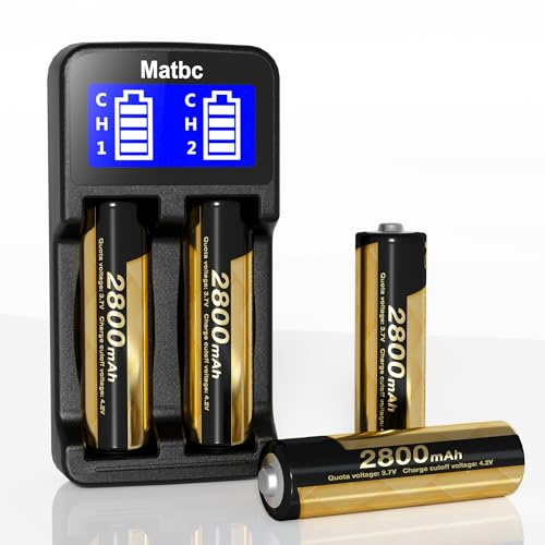 Matbc 4 Pack 3.7V 18650 Rechargeable Battery Button Top and 2 Bay LCD Universal 18650 Battery Charger for Flashlights, Headlamp