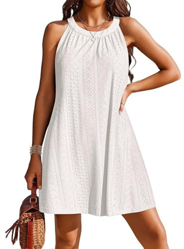 JFAN Vestiti Donna Estivi Vestito Senza Maniche Scollo a Giro Miniabito Maglia Uncinetto Ritaglio Halter Mini Dress Casual Bianco M