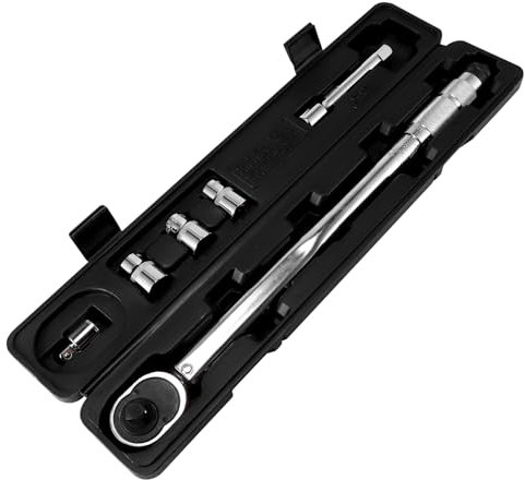 OurLeeme 1/2 Drive Click Torque Wrench 28-210Nm (20-150 ft.lb) - 6-Piece Set with 17/19/21mm Sockets, Extension Bar & 3/8 Adaptor - Wheel Nut & Bolt Ratchet Tool for Cars & Bikes