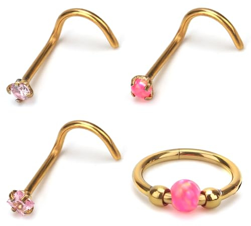 Mikovivi 4 Pcs Anneaux Nez Acier Inoxydable, Studs Nasaux L Anneaux Segmentés Charnière Acier avec Fermeture Clip pour Narine Septum Cartilage Hélix Rook Lobe D'oreille Piercings Labiaux (Rose)
