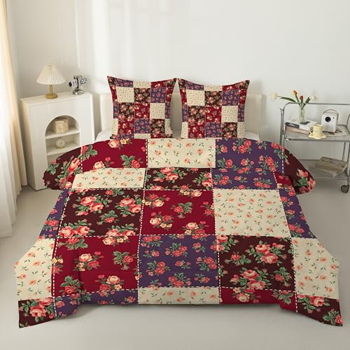 Linfye Rotes Blumenmuster Bettdecke 200x200cm, 4 Jahreszeiten Bettdecke 200x200, Niedlich Patchwork Pastoralen Steppdecke Ganzjahresdecke Bettdecken, Duvet Schlafdecke mit 2 Kissenbezug 80x80cm - C99
