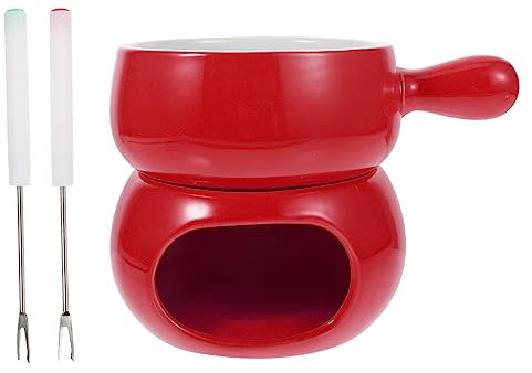 HOLIDYOYO Juego De Fondue De Chocolate y Queso De Cerámica, Olla para Derretir Chocolate Base Roja, Sartén Mango, 2 Tenedores, para Cocina y Reuniones Familiares