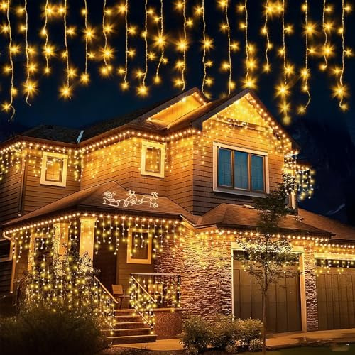 JTSIOV Cortina de Luces Navidad Exterior，10m 400 LED Cascada Luces de IP44 Impermeable con 8 Modos,Cortina Led Función de Memoria, Temporizador, Decoración para Navidad, Fiesta, Boda