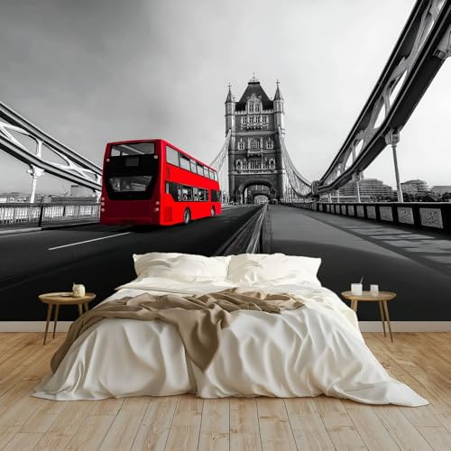 Fotomurales Papel pintado 200 x 140 cm Arte Mural de pared Moderno Puente De Londres Autobús, Moderna Decoración Tejido no Tejido Decoración De Pared Sala Cuarto, Gris Papel pintado mural