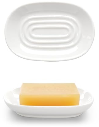 Aenfaiy Ceramic Soap Dish for Bath Sink- Modern White Bar Soap Holder for Shower - Easy to Clean Multi-Purpose Oval Soap Dishes for Soap Bar, Sponges, Jewelry, Small Items | Fits Bathroom & Kitchen