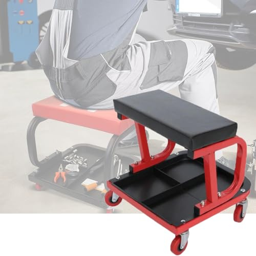 Rolling Mechanics Stool with Tool Tray, Heavy Duty Garage Seat with Swivel Wheels & Oil Resistant Vinyl Cushion – 150kg Capacity Workshop Creeper Chair for Car & Bike Repairs