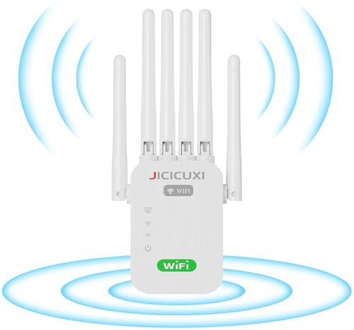 WLAN Verstärker, WLAN Repeater mit 6 Antennen, WiFi Repeater für 5.000 m² Abdeckung & 50 Geräte, LAN-Anschluss, Access-Point-Modus, Perlweiß