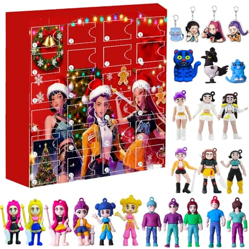 LUKIUP 24 Calendrier de l'avent 2025 Kpop Boîte Aveugle, Mini Figurines de Dessin animé à Collectionner, 4 Porte-clés Merch Halloween Noël Calendrier de l'Avent