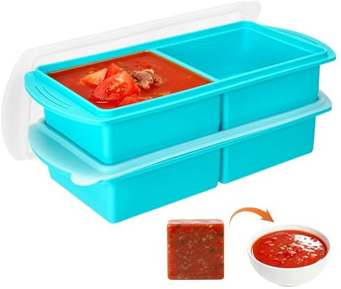 Defresit 2 Pack Silicone Freezer Tray With Lid-Soup Freezer Container molds for Freezing, Meal Prep Soup Storage Containers, Ice Cube Tray for Sauce, 2-Compartment Freezer Container,Blue