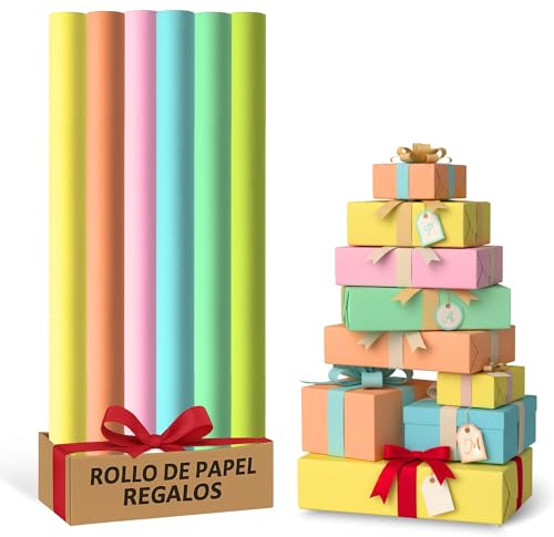 Rollo de papel para envolver regalos, Papel Regalo Cumpleaños, Papel Regalo Navidad, Papel navideño, Tamaño 70 cm x 2 Metros, Contiene 6 Rollos con diseños de Colores lisos Pastel Multicolor