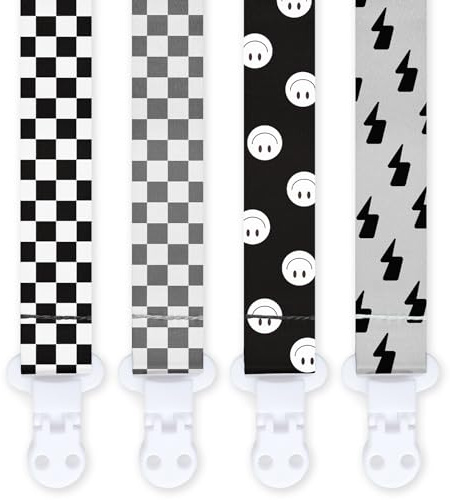 4PCS Schnullerband & Clip Set| Unisex Design für Mädchen und Jungen - Retro grid and smiley face design（C）