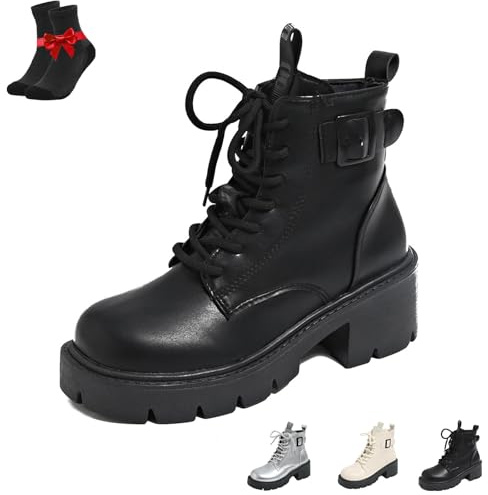 Damstövlar med snörning, varma pälsfodrade ankelstövlar med dragkedja, plattformsstövlar med ökande höjd for utomhusbruk(Black,38 EU)