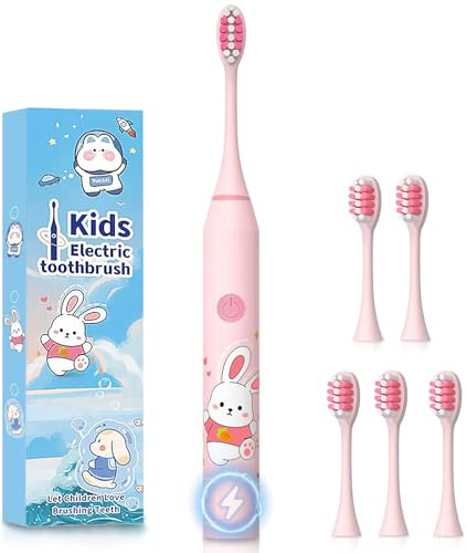 Kids Electric Toothbrush 3-5-6-12, Toddler Toothbrush Girls Electric Toothbrush with Timer Sonic Battery Powered Junior Childrens Tooth Brush (Pink)