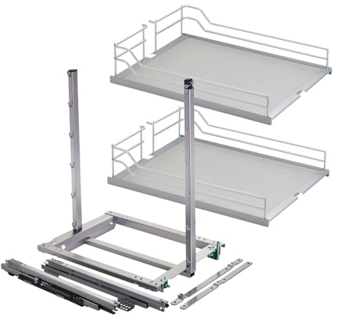 DISPENSA junior III Apothekerauszug silbergrau für Korpusbreite 400 mm | inkl. Tablare mit silbergrauer Reling und grauem Holzboden