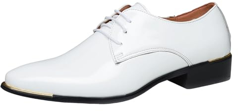 2026 Zapatos de cuero transpirables para hombre con encaje puntiagudo y cordones estilo patchwork, Blanco, 40 EU