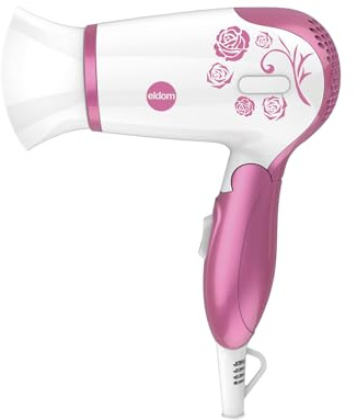 eldom HT82R Smil Reiseföhn | Reise Haartrockner mit Stylingdüse und Überhitzungsschutz | 1200W klein, klappbar und leicht | Reisehaartrockner Einklappbarer Griff | weiß mit rosa (rosa)