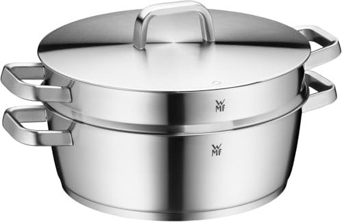 WMF Iconic Bräter mit Dampfgareinsatz 28cm, Schmortopf Induktion 5,7l, Kochtopf groß, Cromargan Edelstahl poliert, unbeschichtet